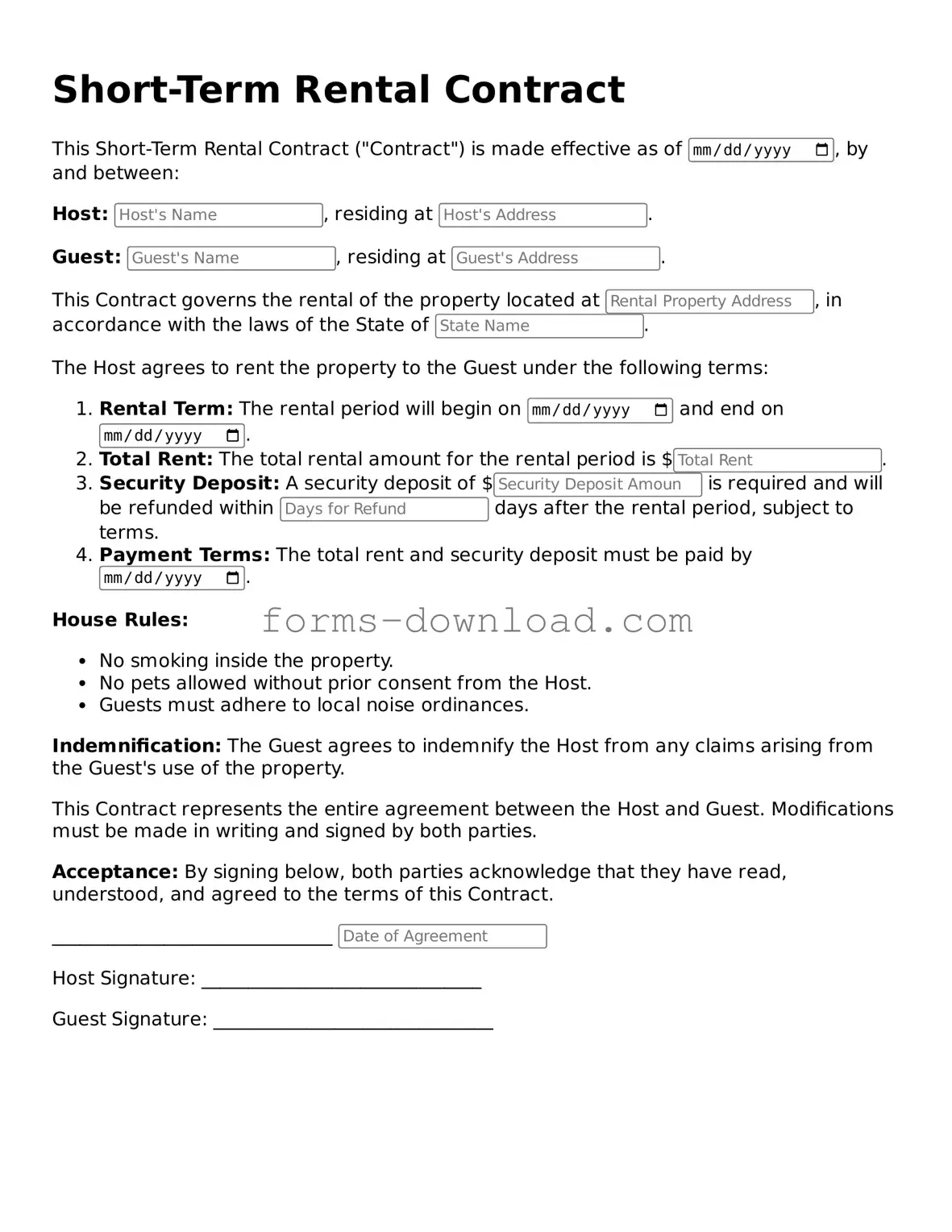 Fillable Short-Term Rental Contract Form