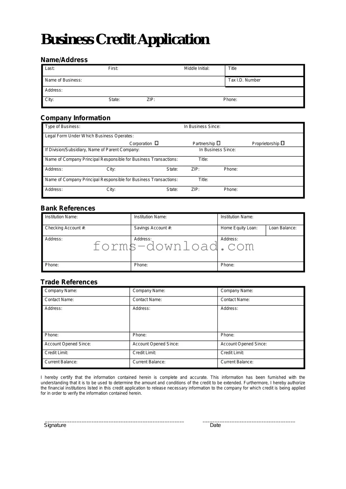 Blank Business Credit Application Form