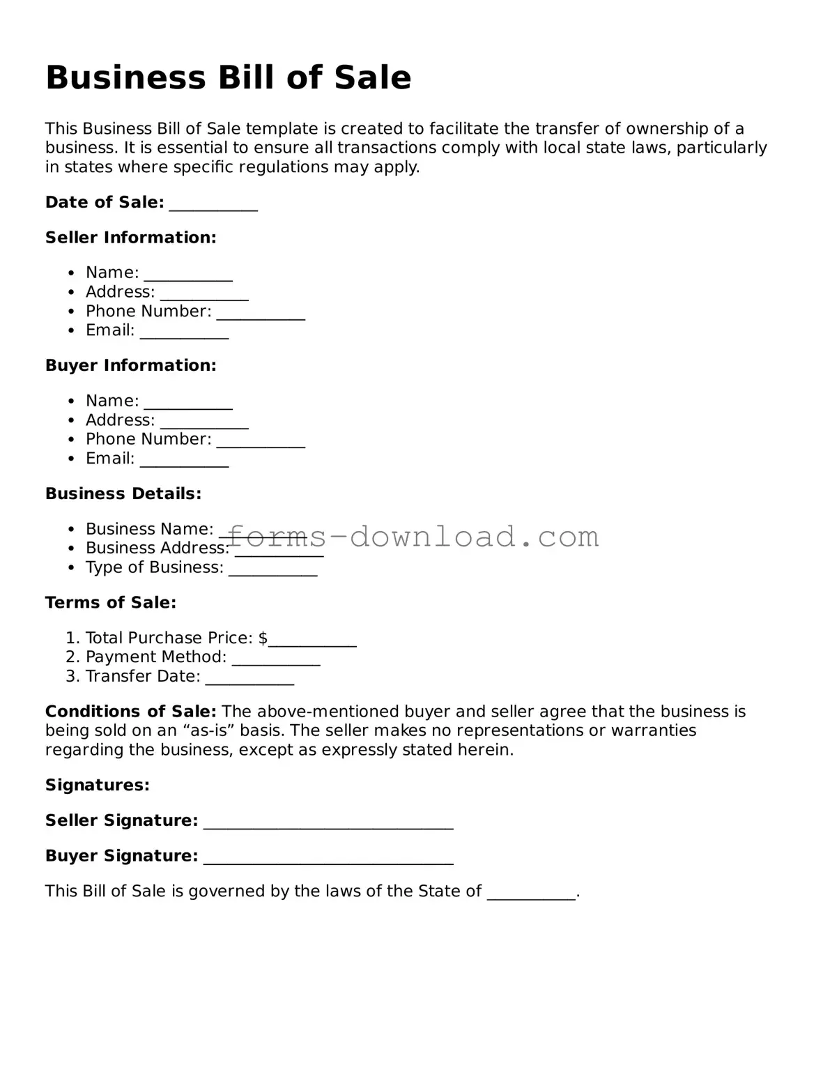 Fillable Business Bill of Sale Form