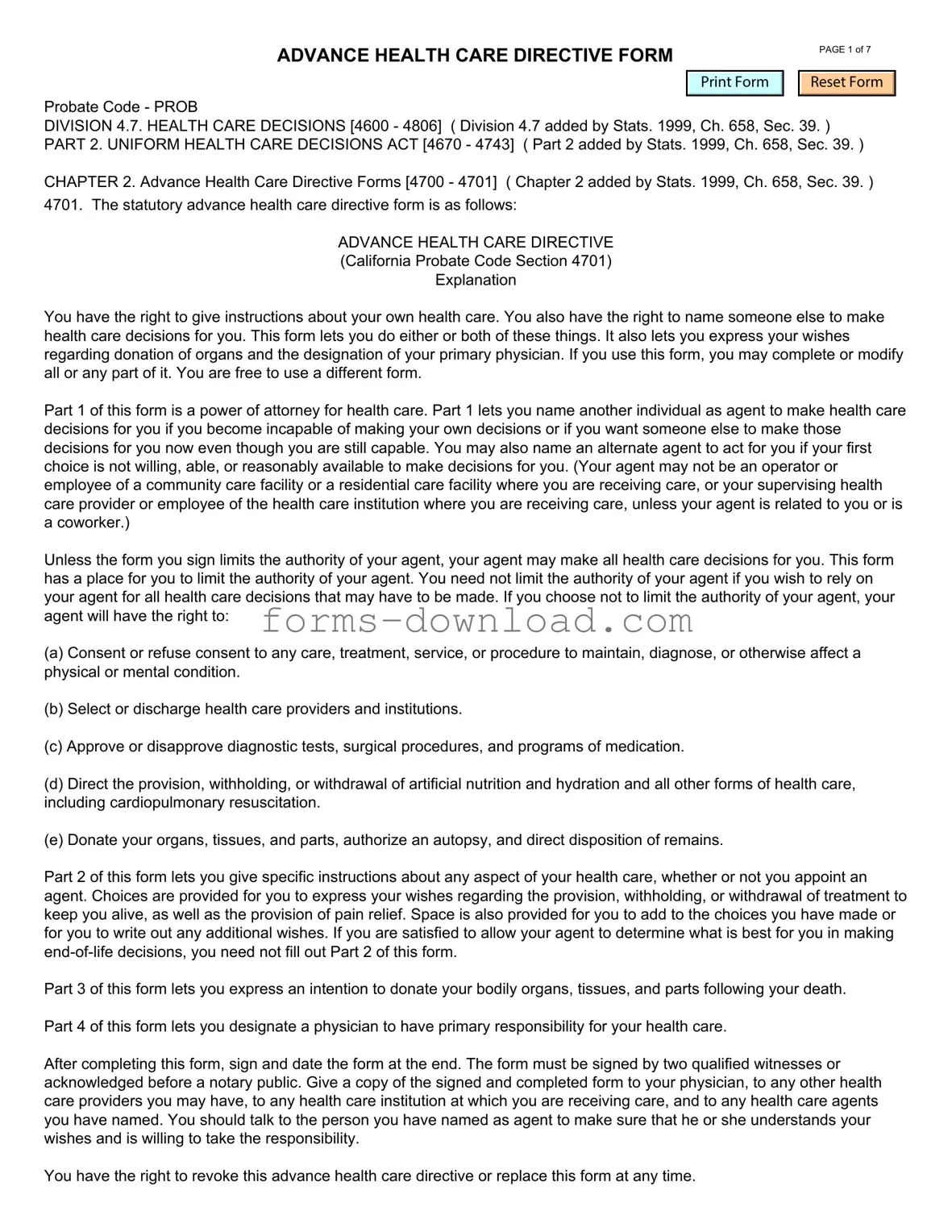 Blank California Advanced Health Care Directive Form