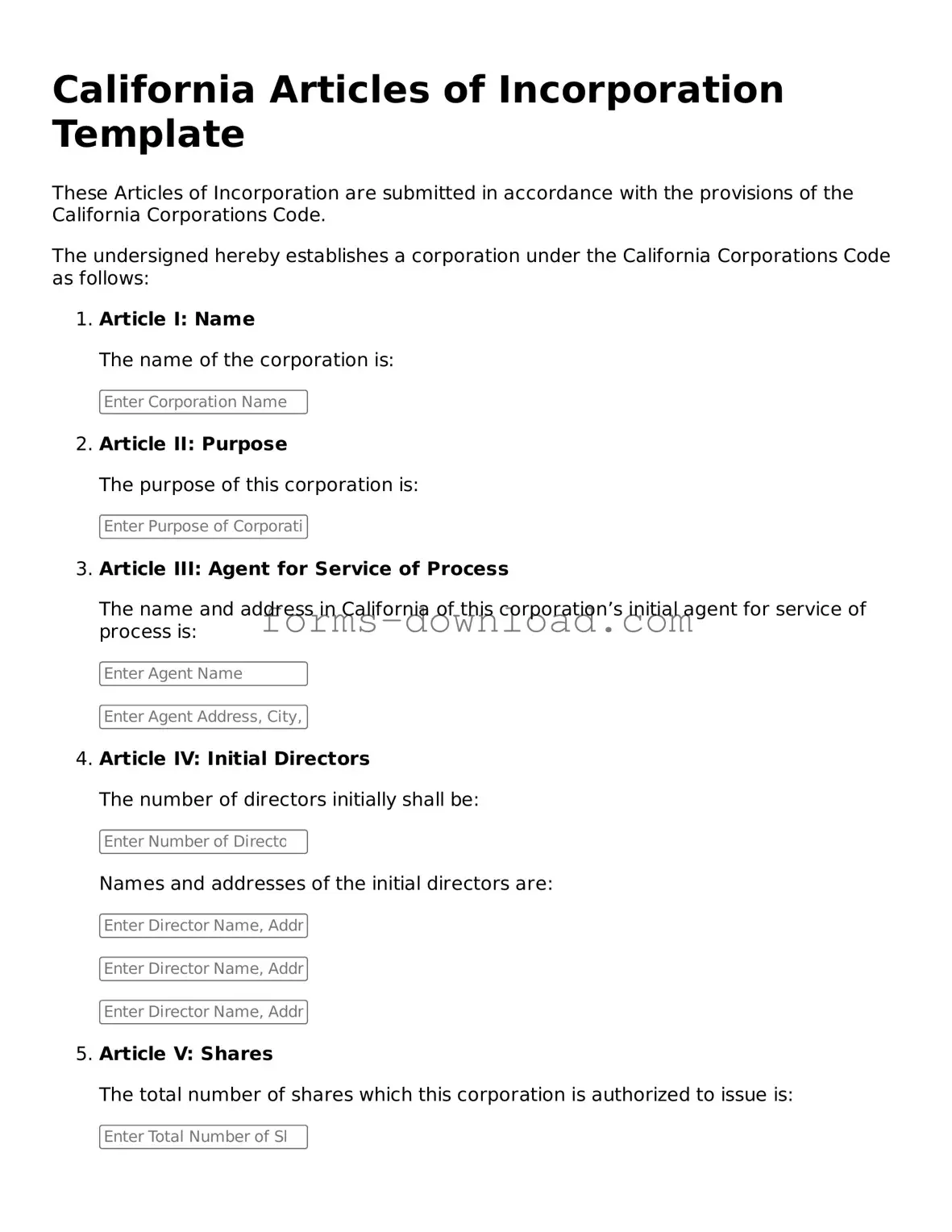 Attorney-Approved Articles of Incorporation Document for the State of California