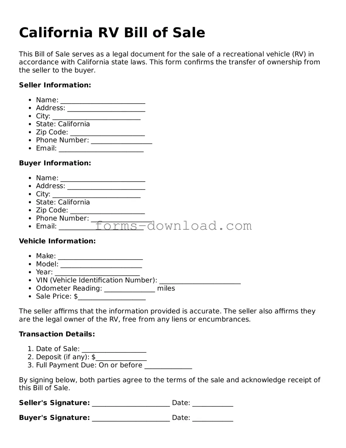Attorney-Approved RV Bill of Sale Document for the State of California