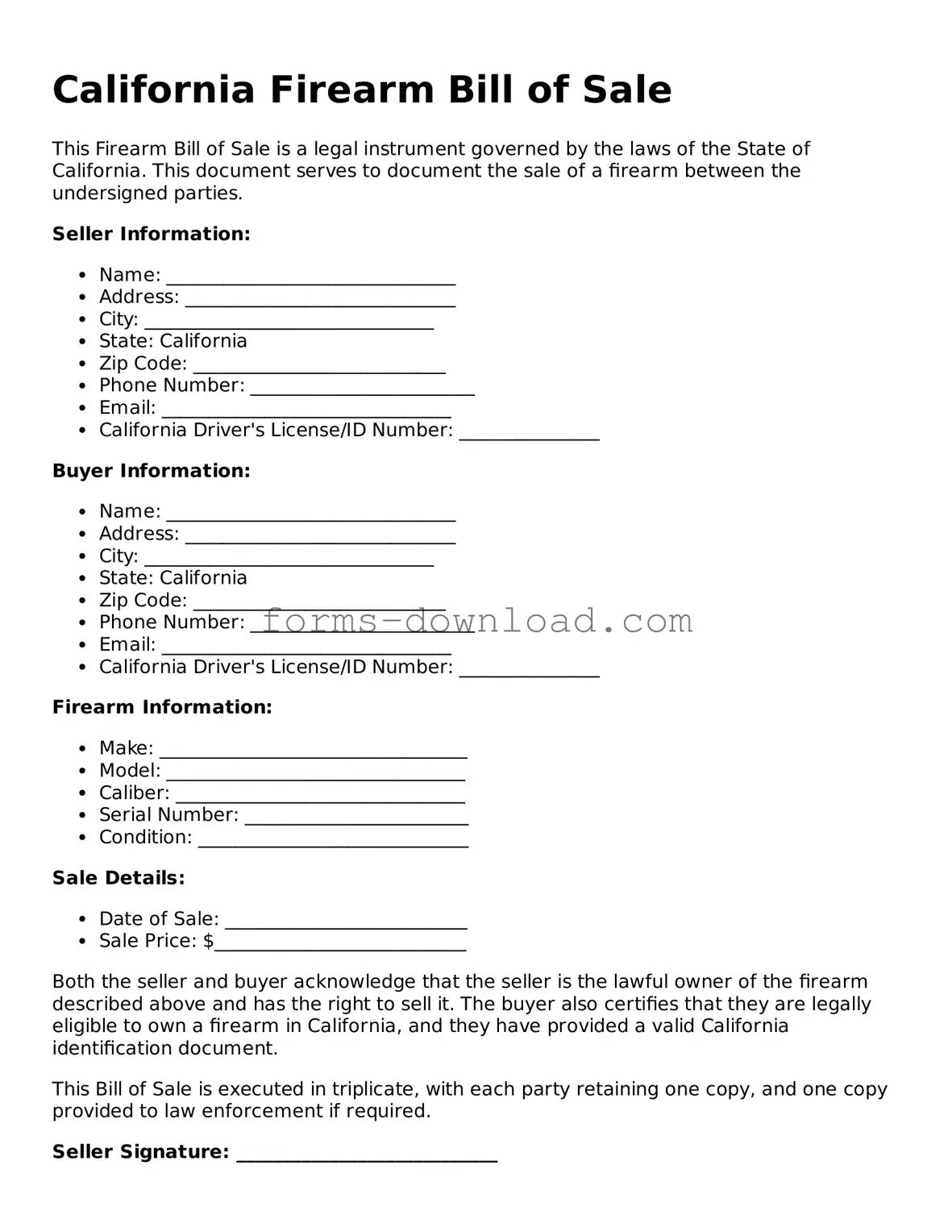 Attorney-Approved Firearm Bill of Sale Document for the State of California