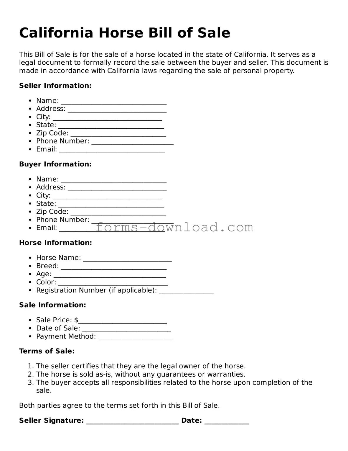 Attorney-Approved Horse Bill of Sale Document for the State of California