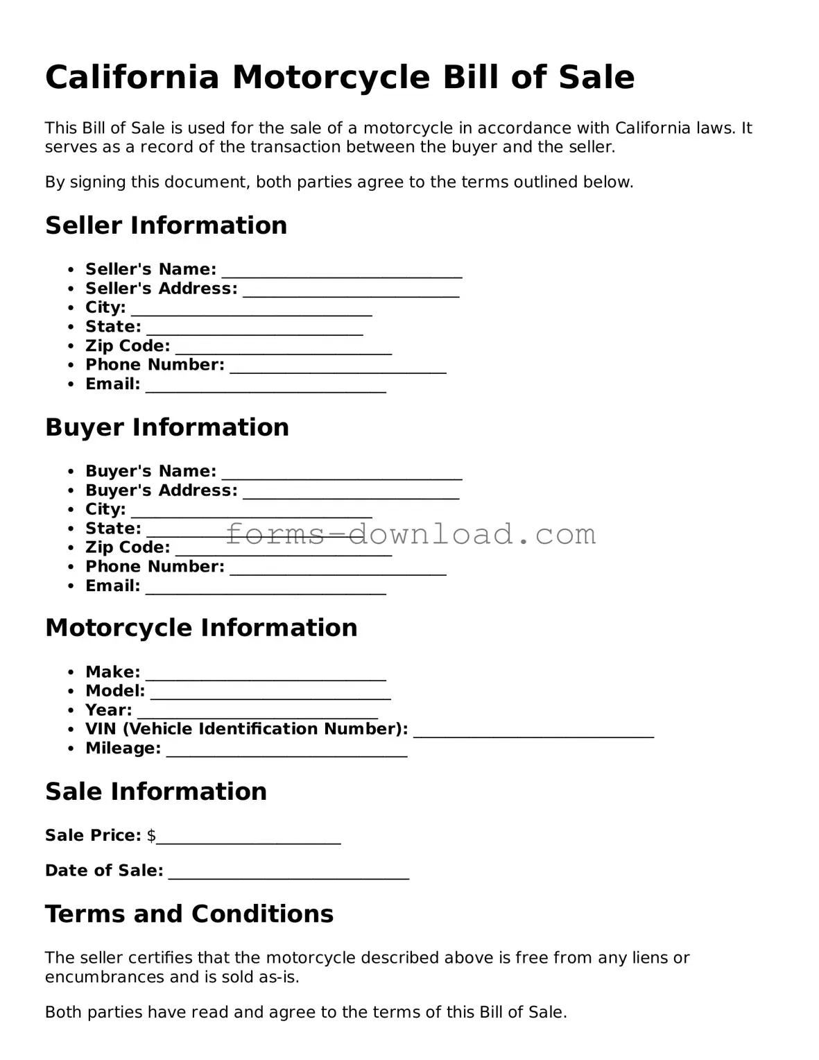 Attorney-Approved Motorcycle Bill of Sale Document for the State of California