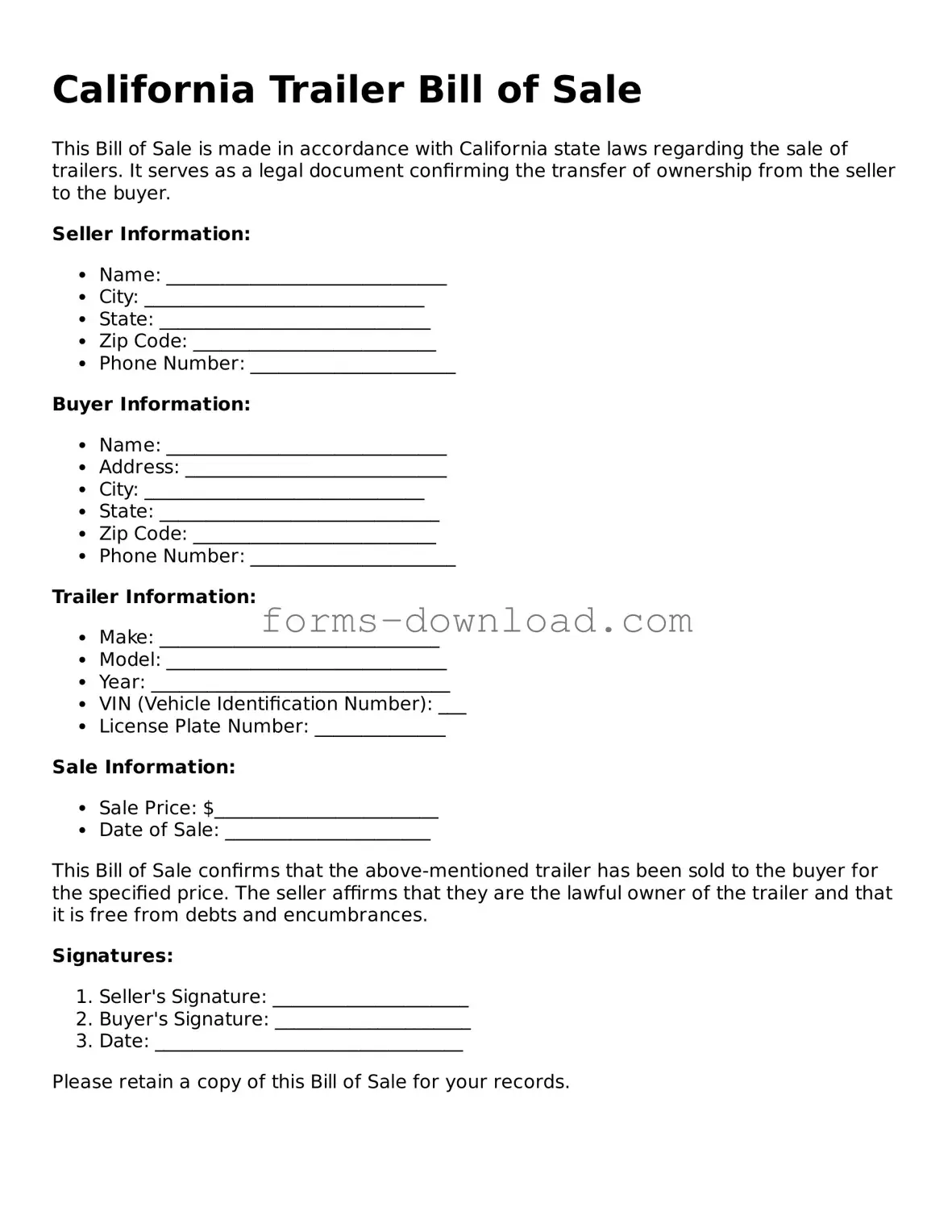 Attorney-Approved Trailer Bill of Sale Document for the State of California