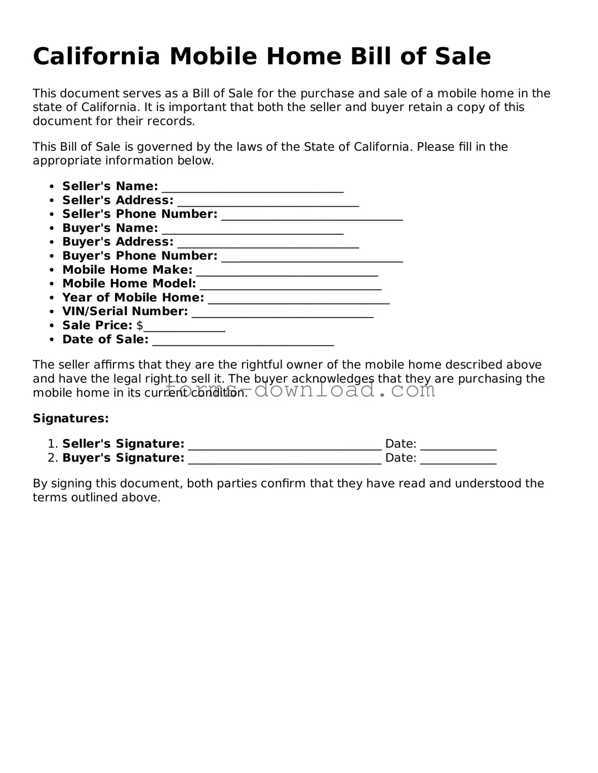 Attorney-Approved Mobile Home Bill of Sale Document for the State of California
