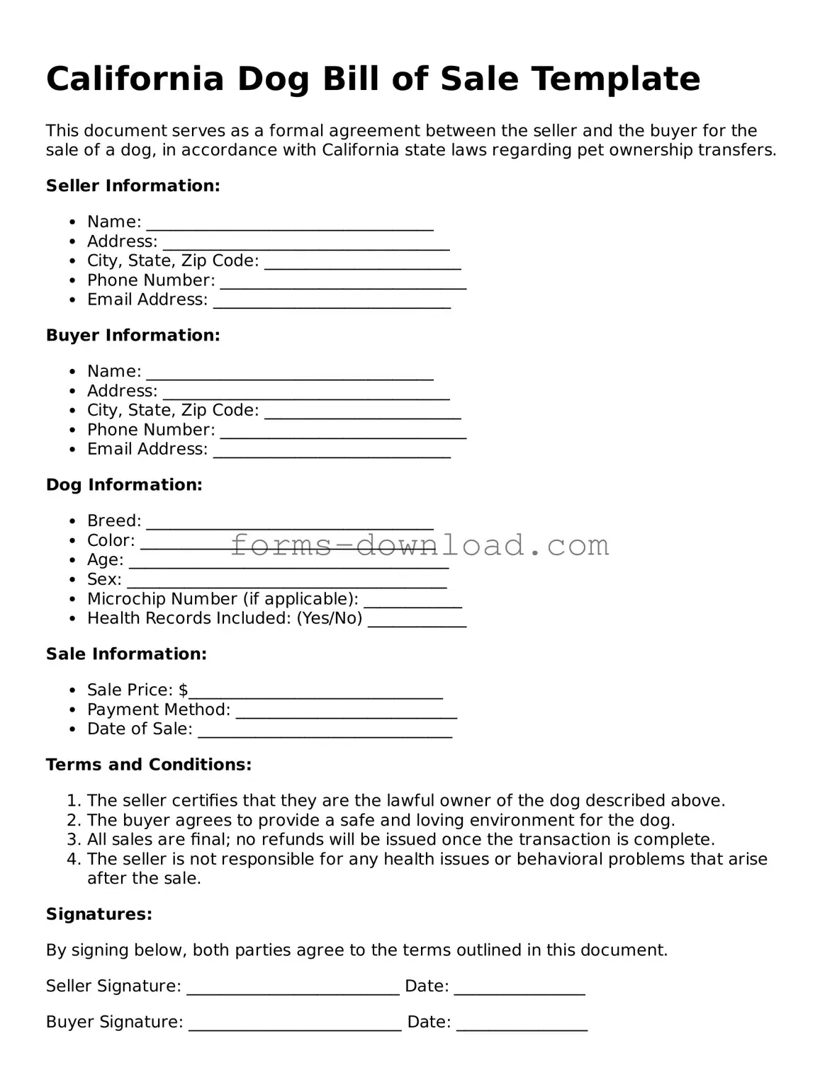Attorney-Approved Dog Bill of Sale Document for the State of California