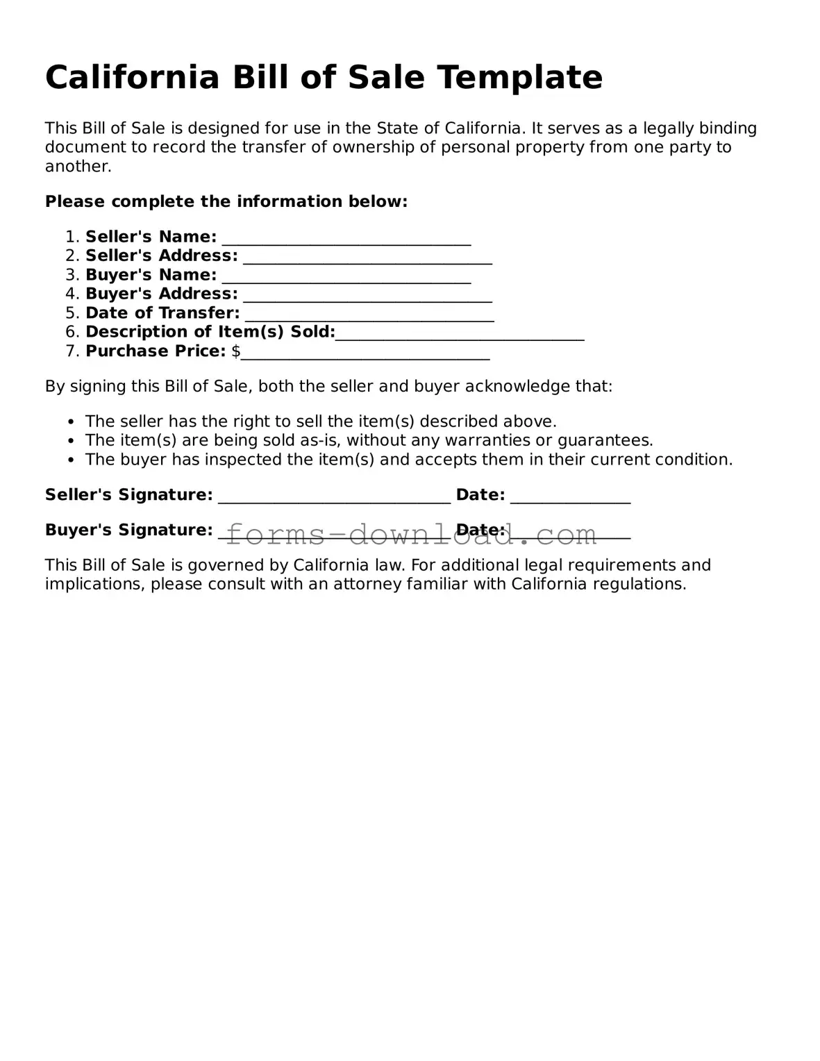 Attorney-Approved Bill of Sale Document for the State of California