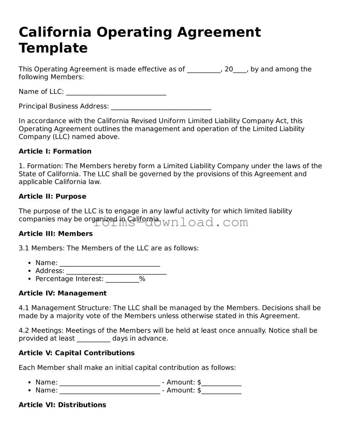 Attorney-Approved Operating Agreement Document for the State of California