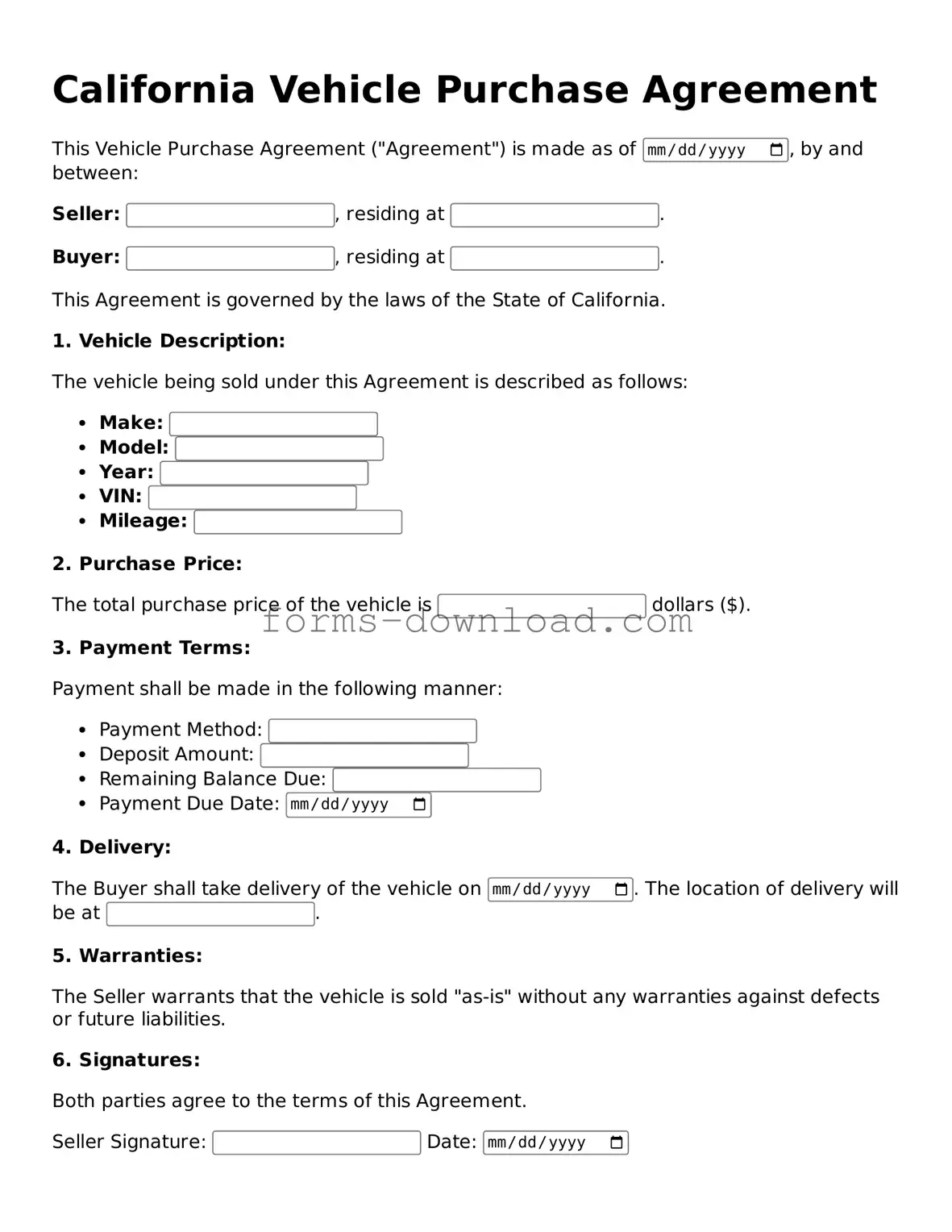 Attorney-Approved Vehicle Purchase Agreement Document for the State of California