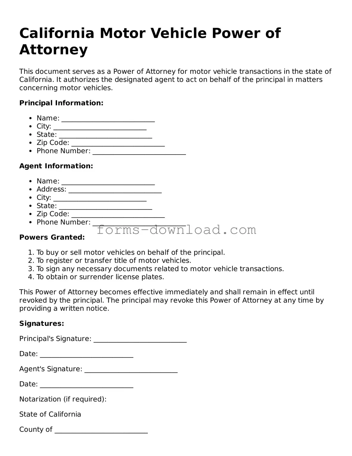 Attorney-Approved Motor Vehicle Power of Attorney Document for the State of California