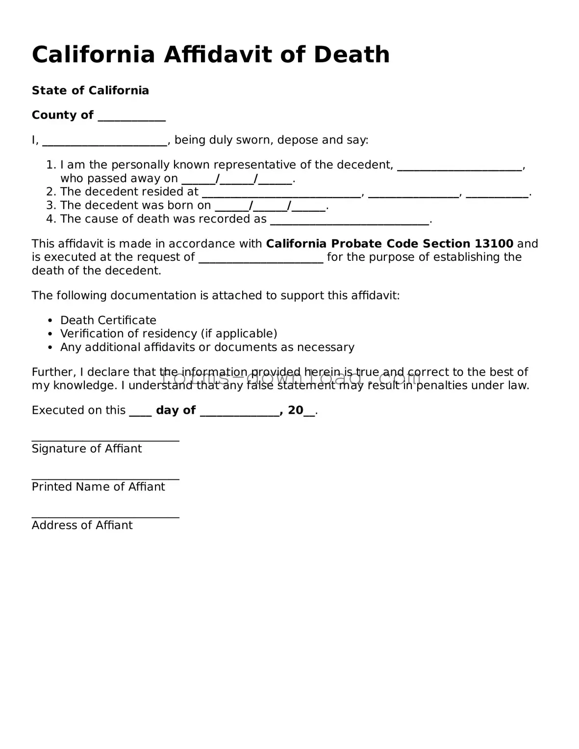 Attorney-Approved Affidavit of Death Document for the State of California