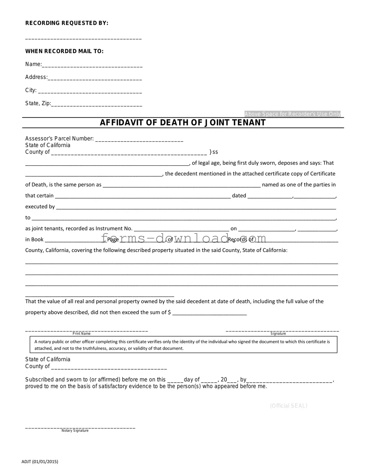 Blank California Death of a Joint Tenant Affidavit Form