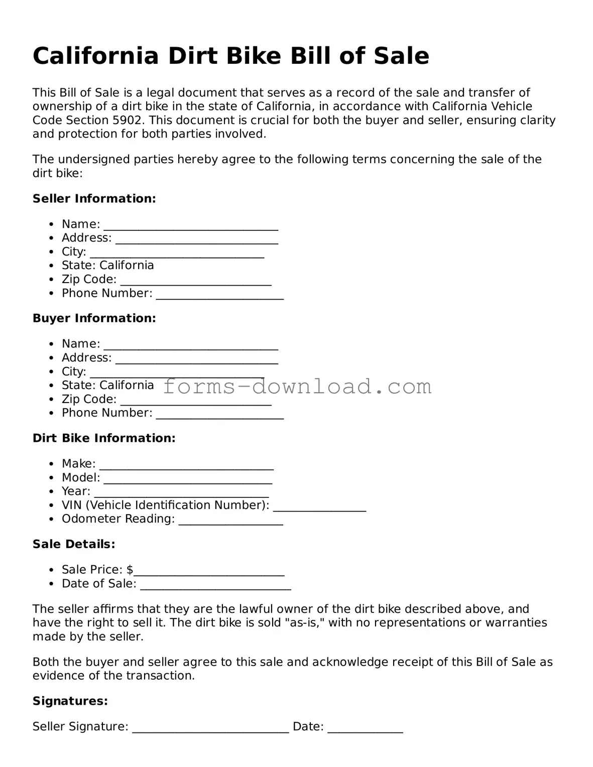 Attorney-Approved Dirt Bike Bill of Sale Document for the State of California