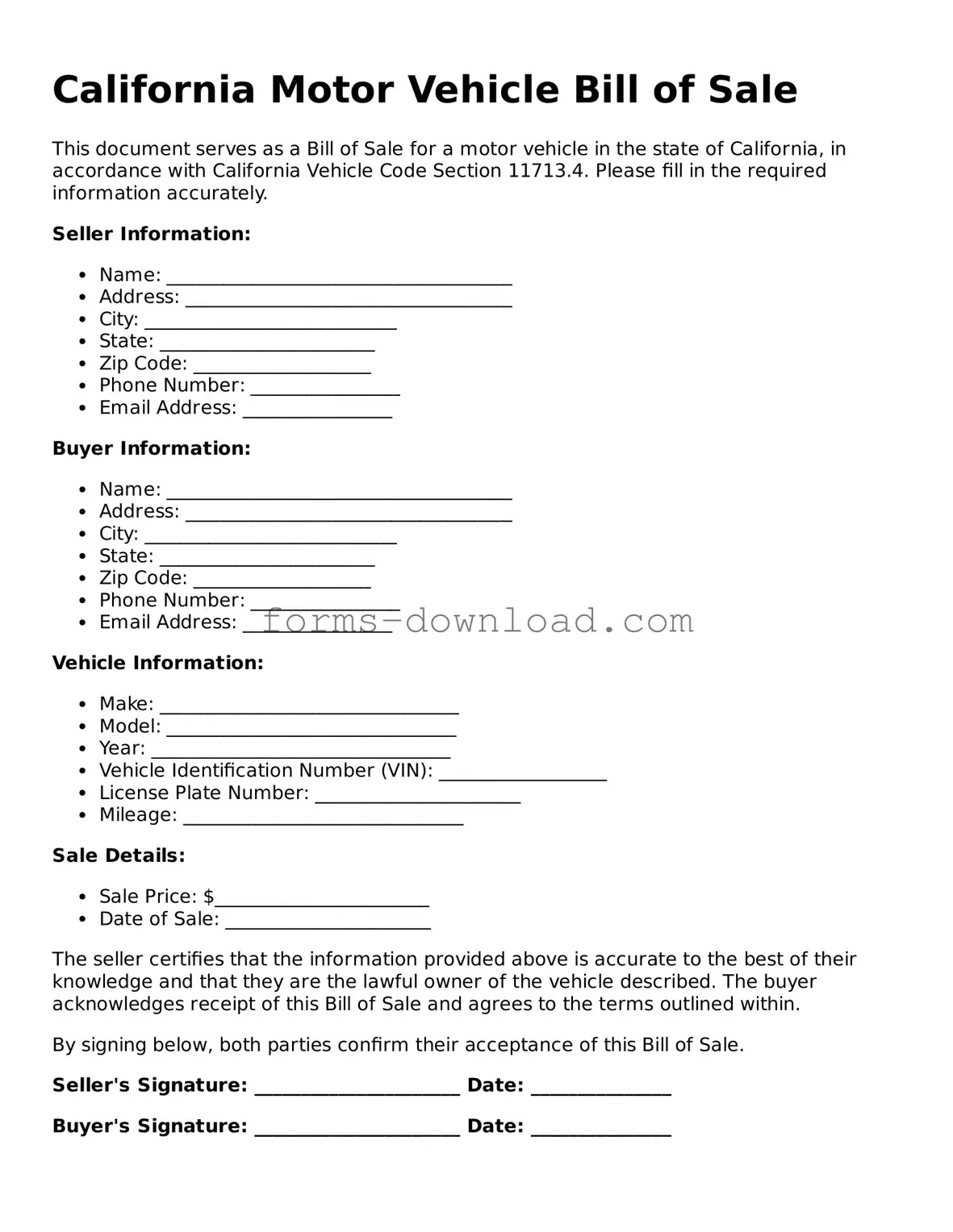 Attorney-Approved Motor Vehicle Bill of Sale Document for the State of California
