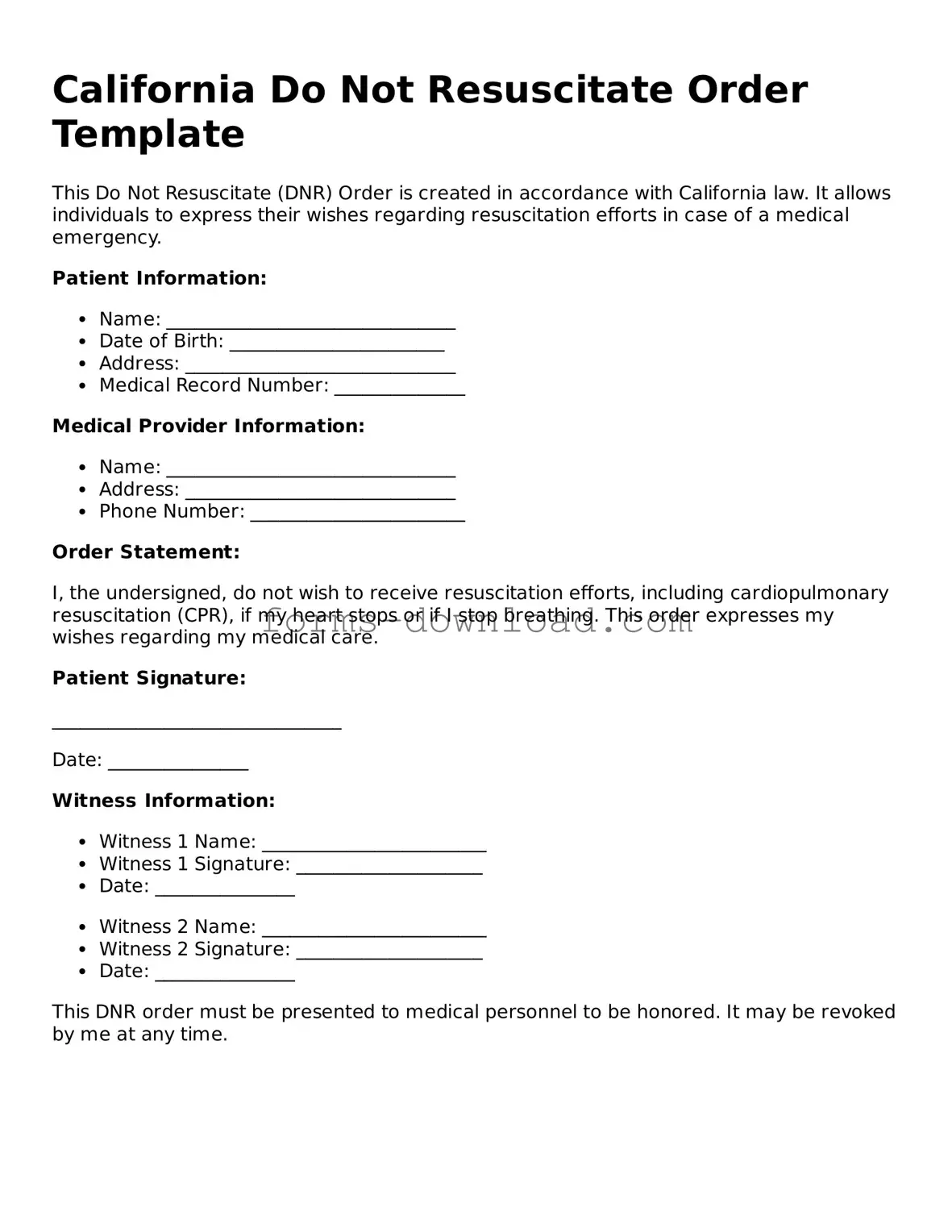 Attorney-Approved Do Not Resuscitate Order Document for the State of California