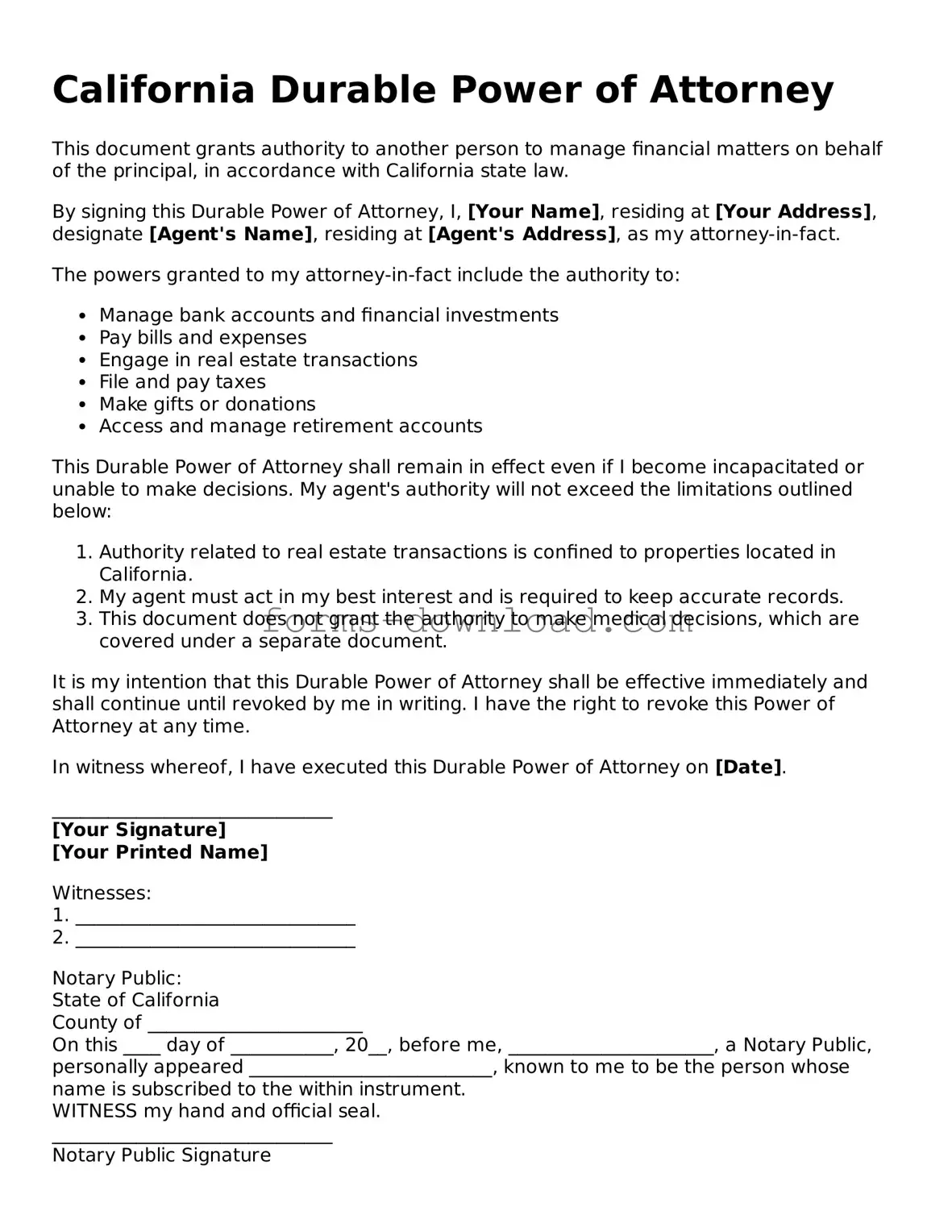 Attorney-Approved Durable Power of Attorney Document for the State of California