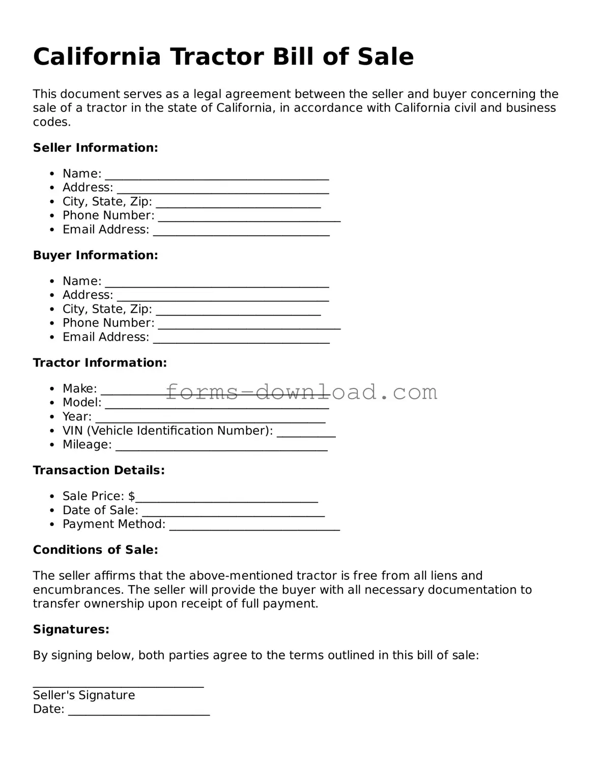 Attorney-Approved Tractor Bill of Sale Document for the State of California