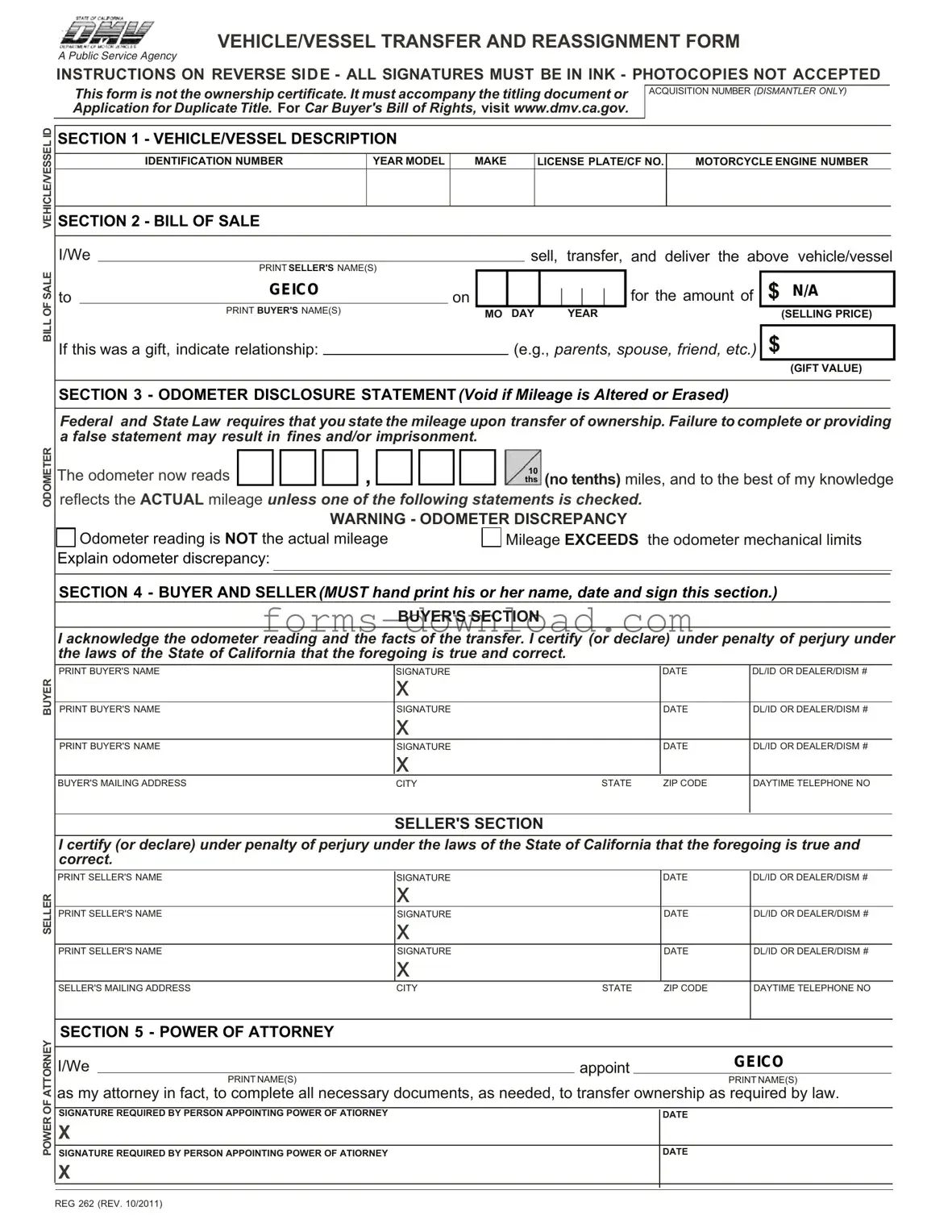 Blank California Fotm Reg 262 Form
