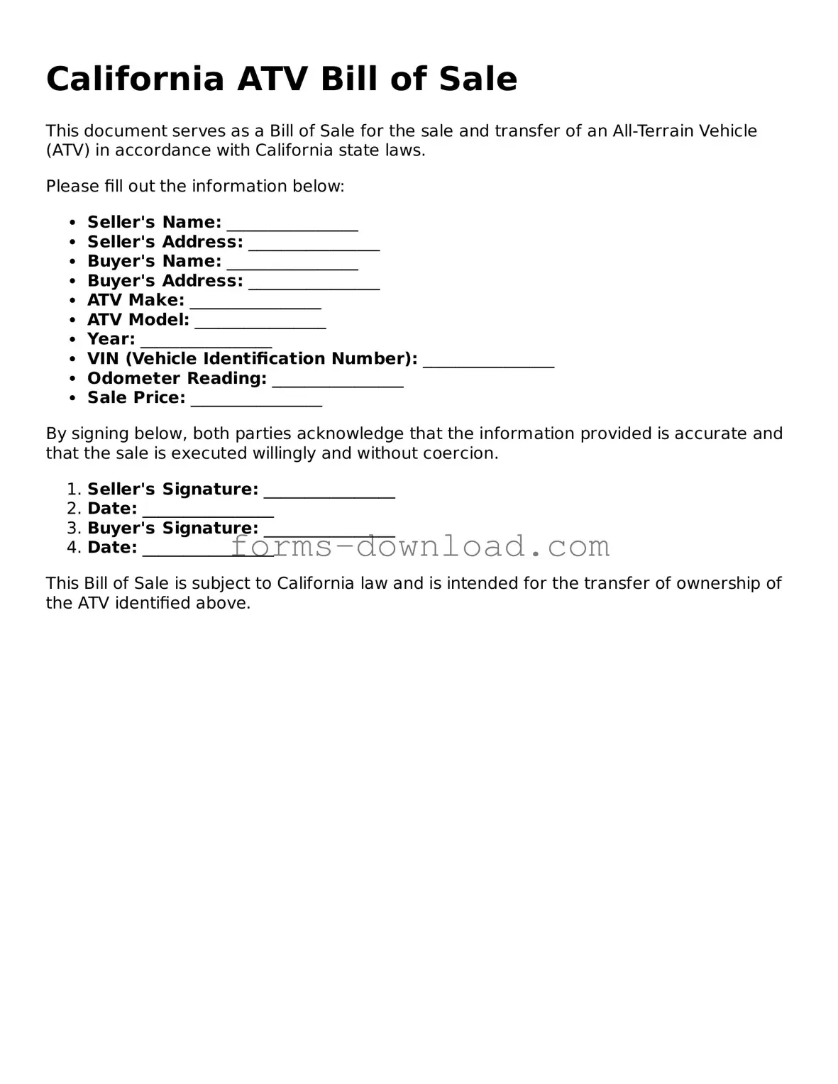 Attorney-Approved ATV Bill of Sale Document for the State of California