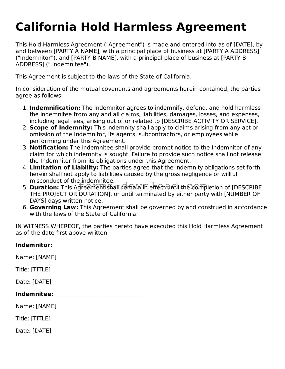 Attorney-Approved Hold Harmless Agreement Document for the State of California