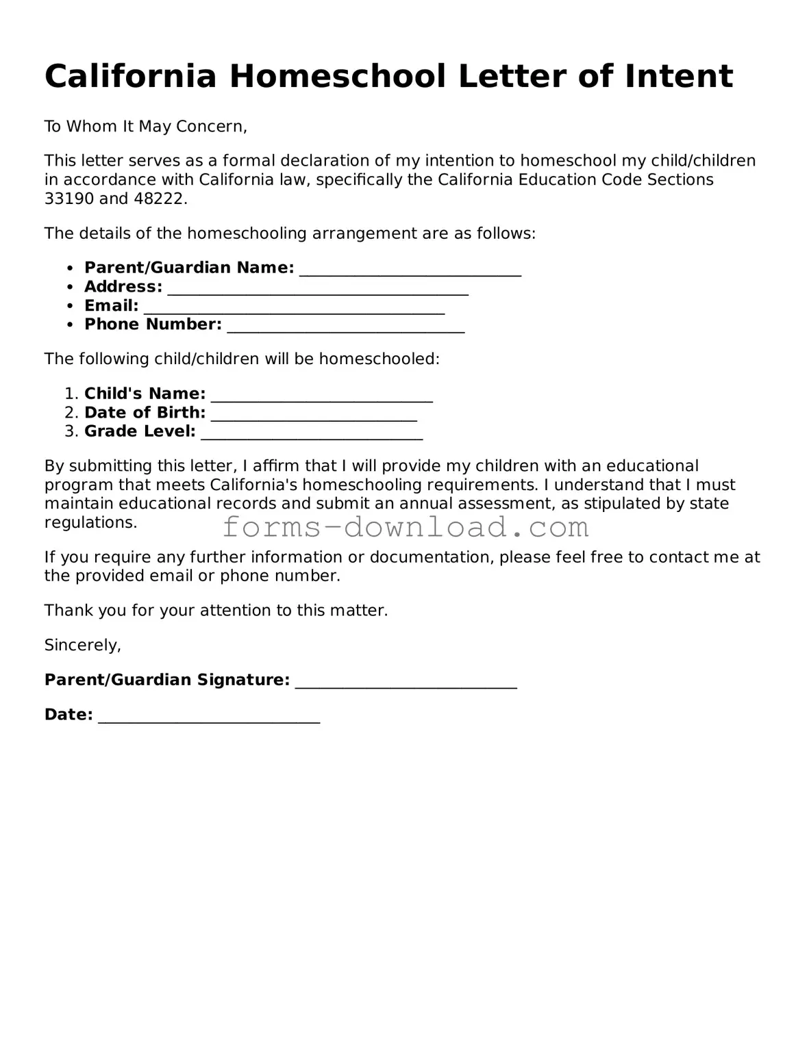 Attorney-Approved Homeschool Letter of Intent Document for the State of California