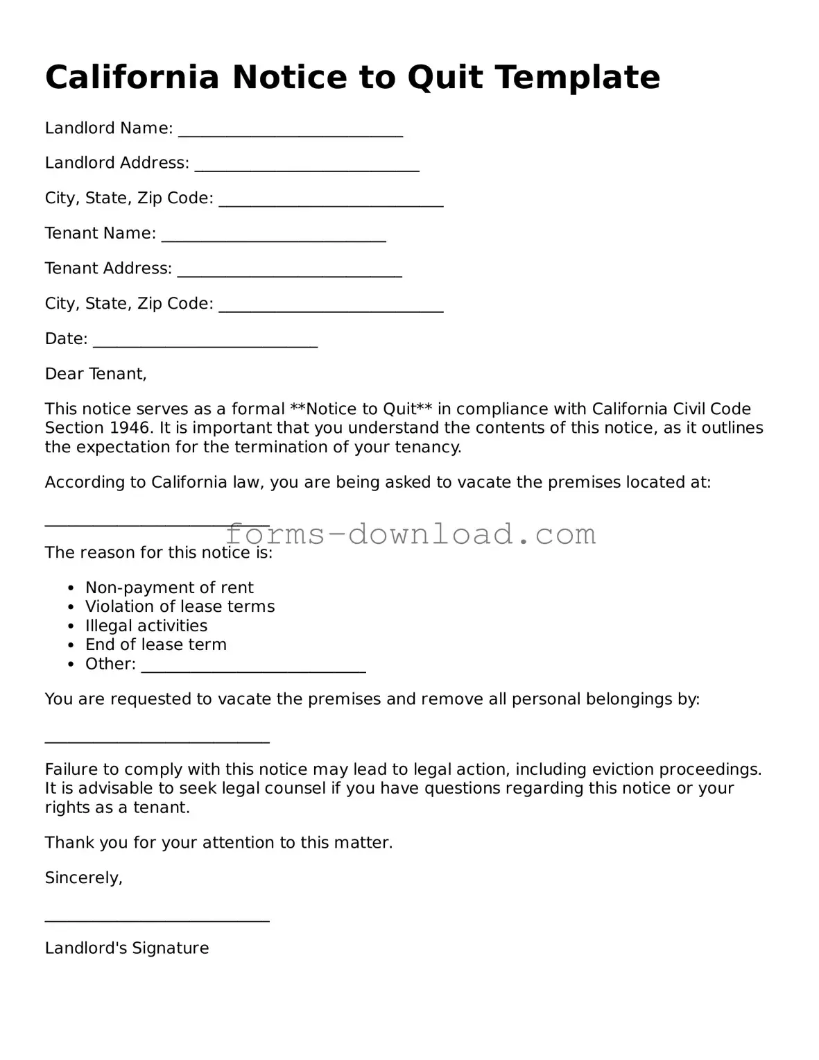 Attorney-Approved Notice to Quit Document for the State of California