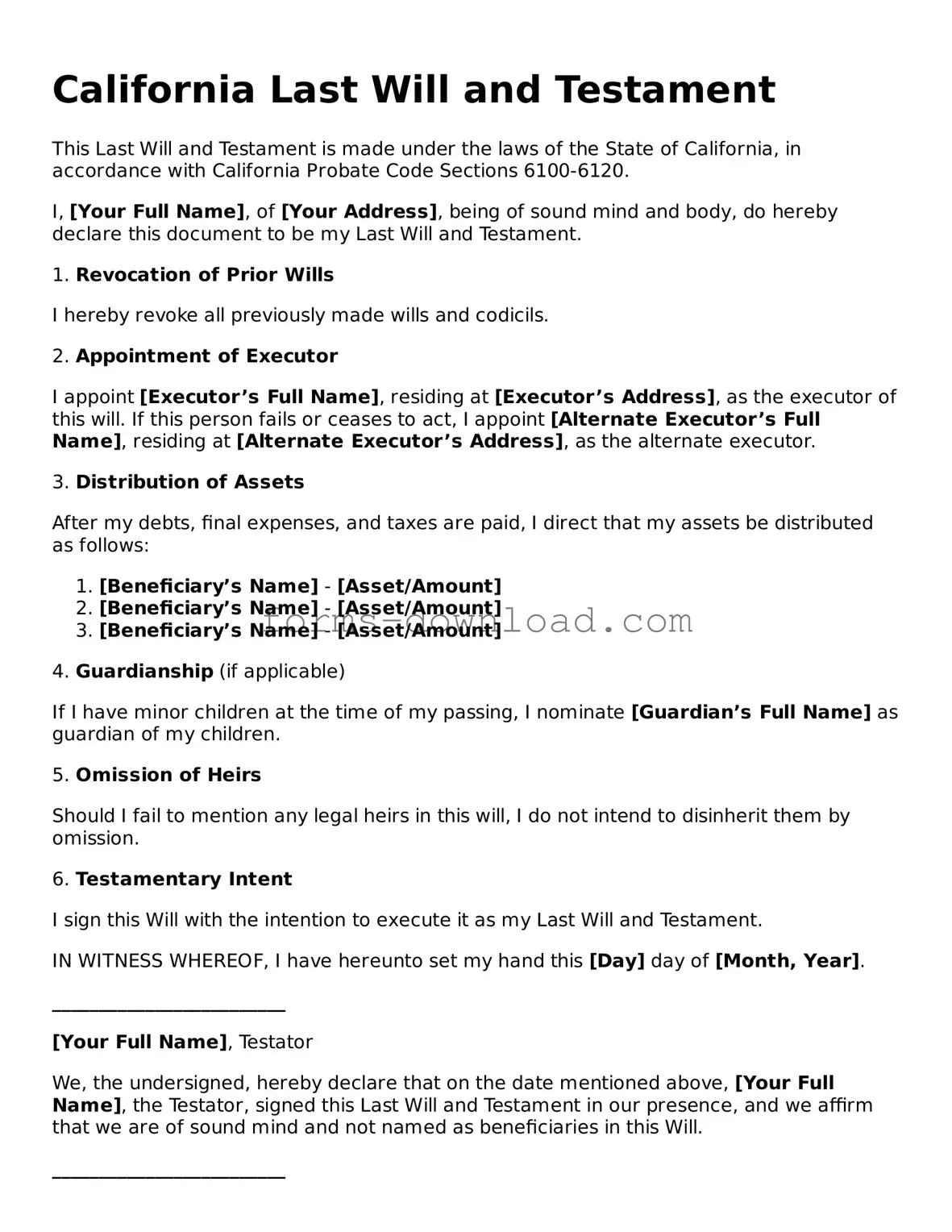 Attorney-Approved Last Will and Testament Document for the State of California