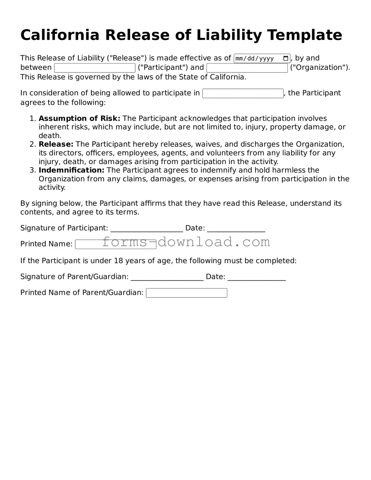 Attorney-Approved Release of Liability Document for the State of California