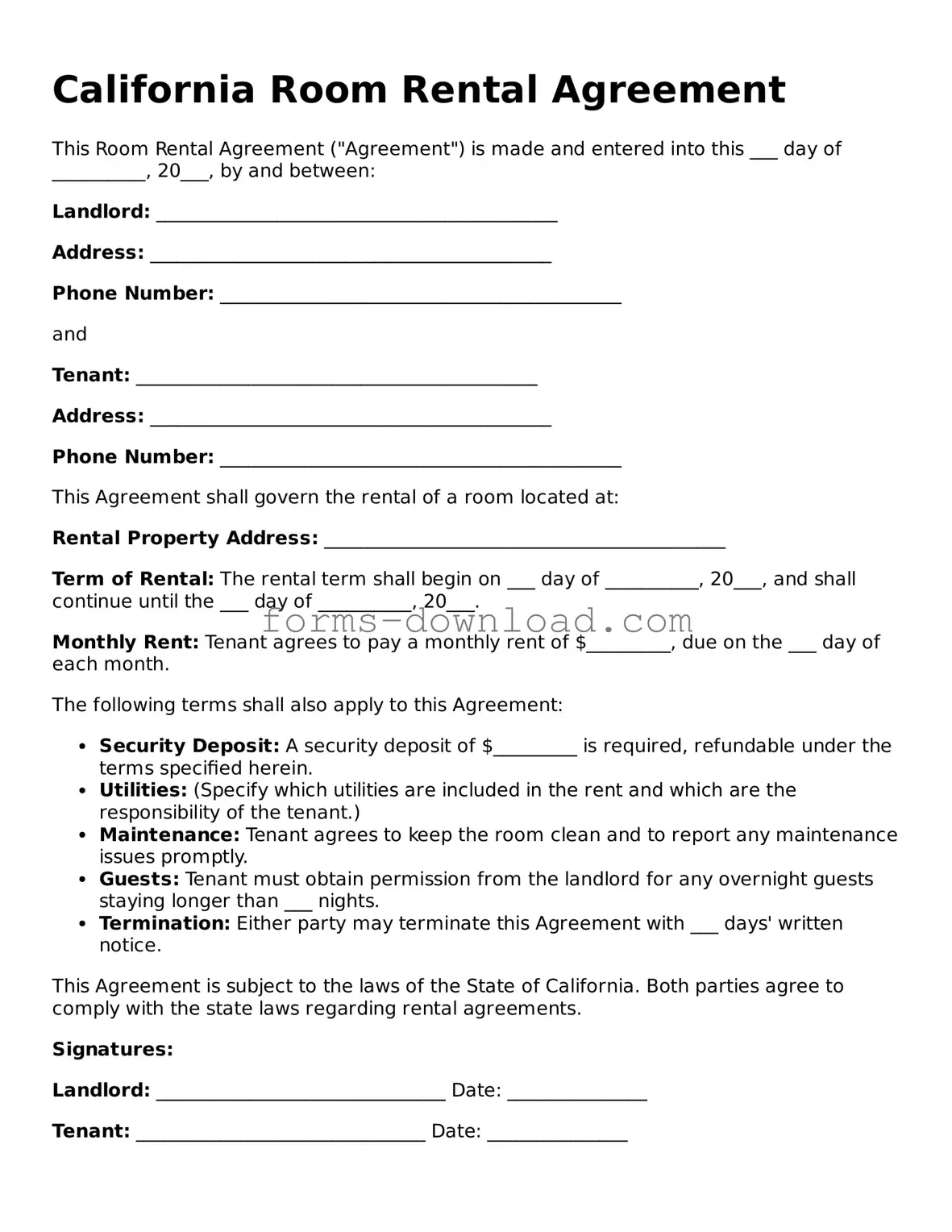 Attorney-Approved Room Rental Agreement Document for the State of California