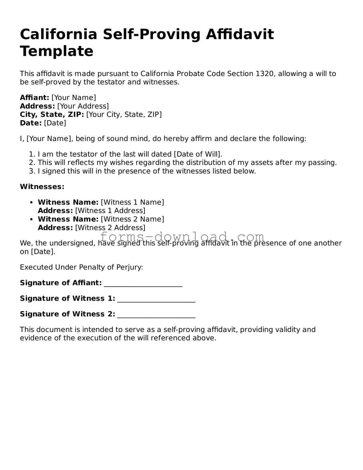 Attorney-Approved Self-Proving Affidavit Document for the State of California