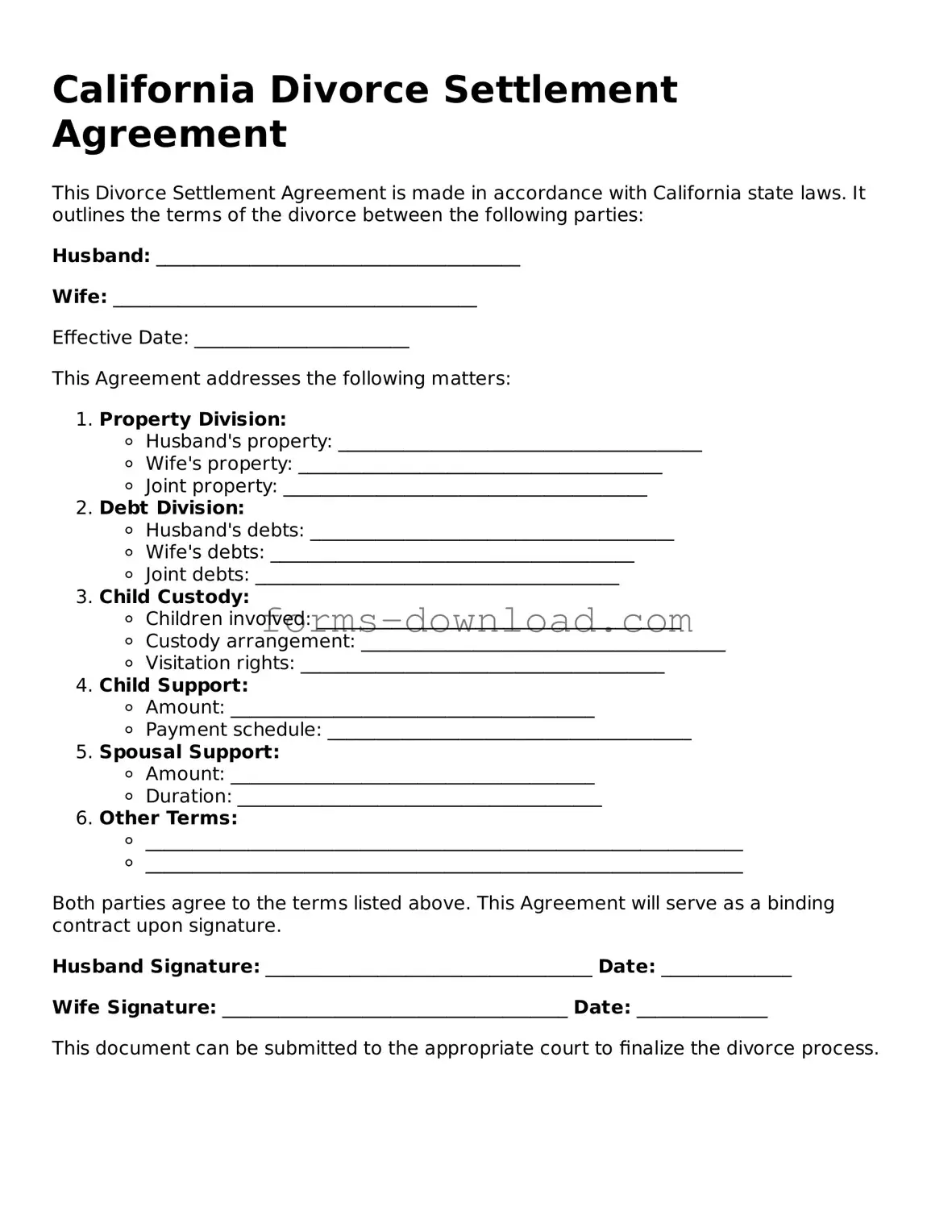 Attorney-Approved Divorce Settlement Agreement Document for the State of California