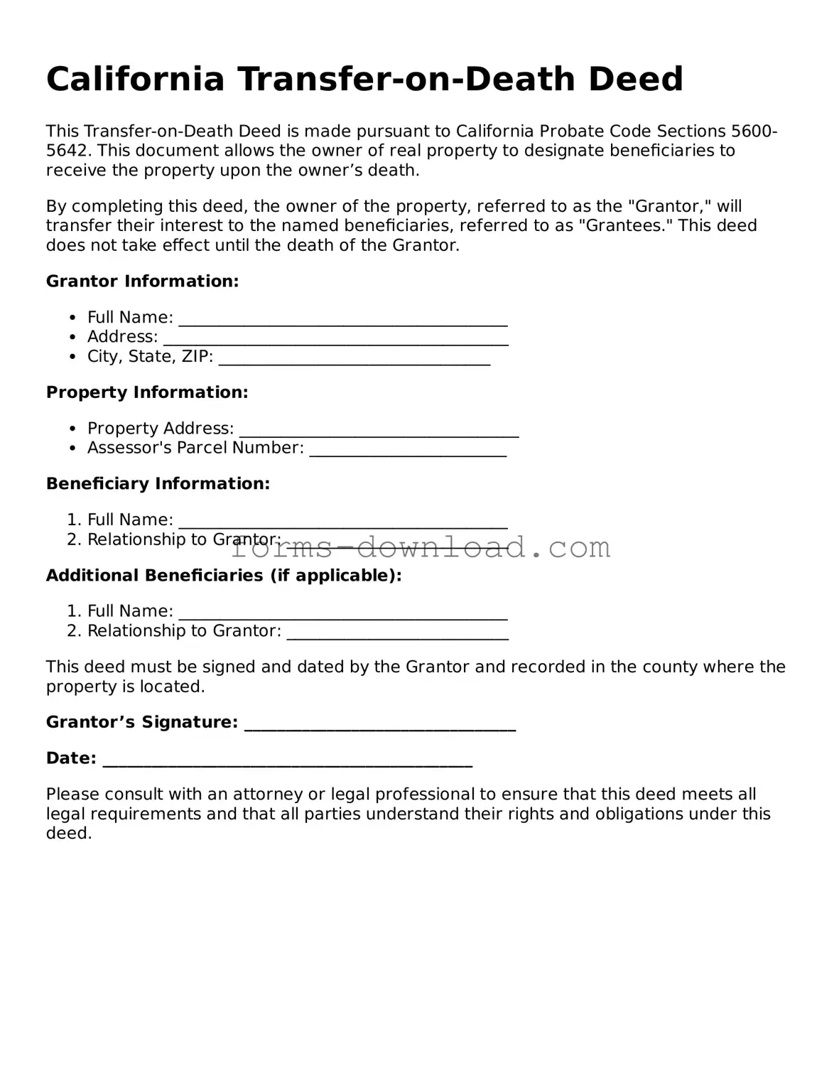Attorney-Approved Transfer-on-Death Deed Document for the State of California