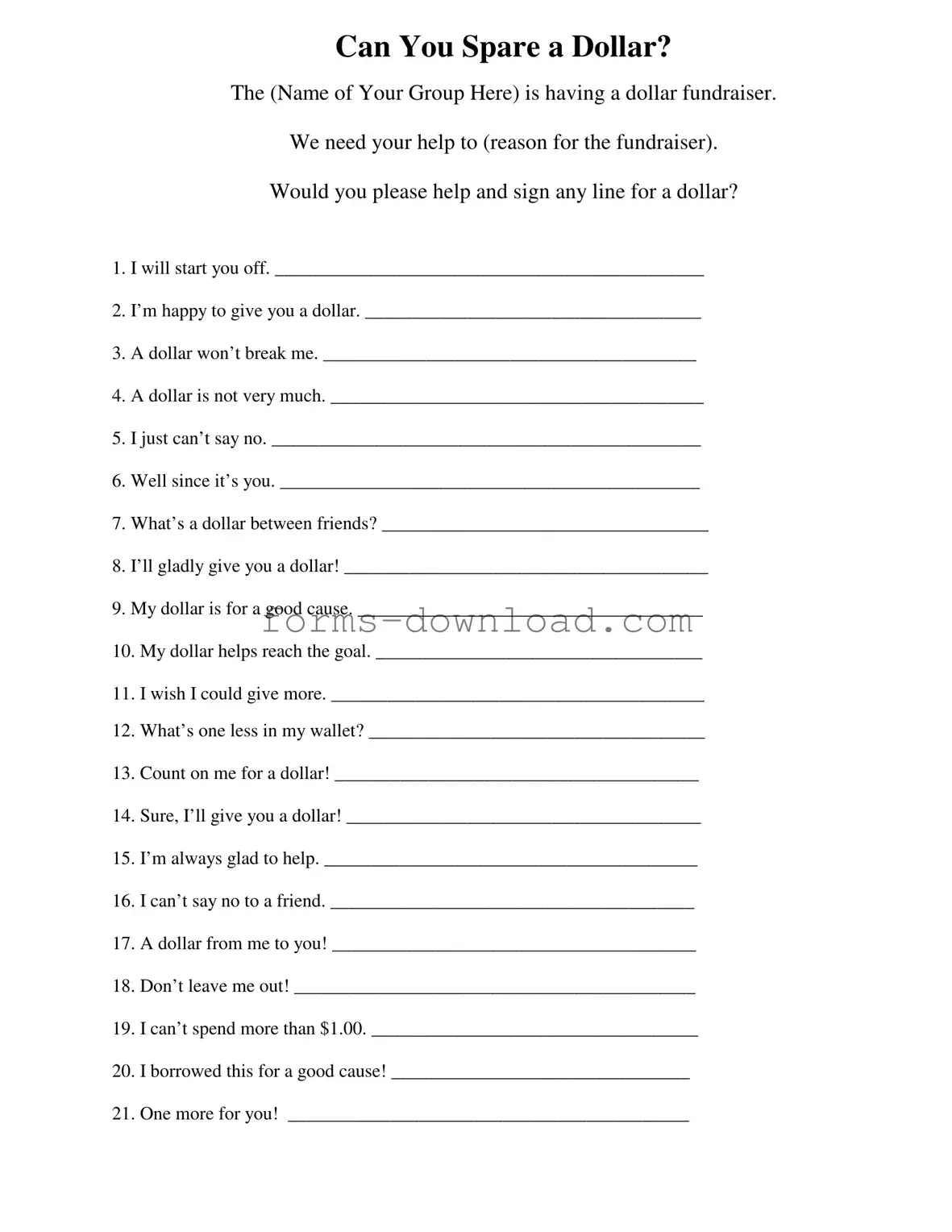 Blank Donated A Dollar Form