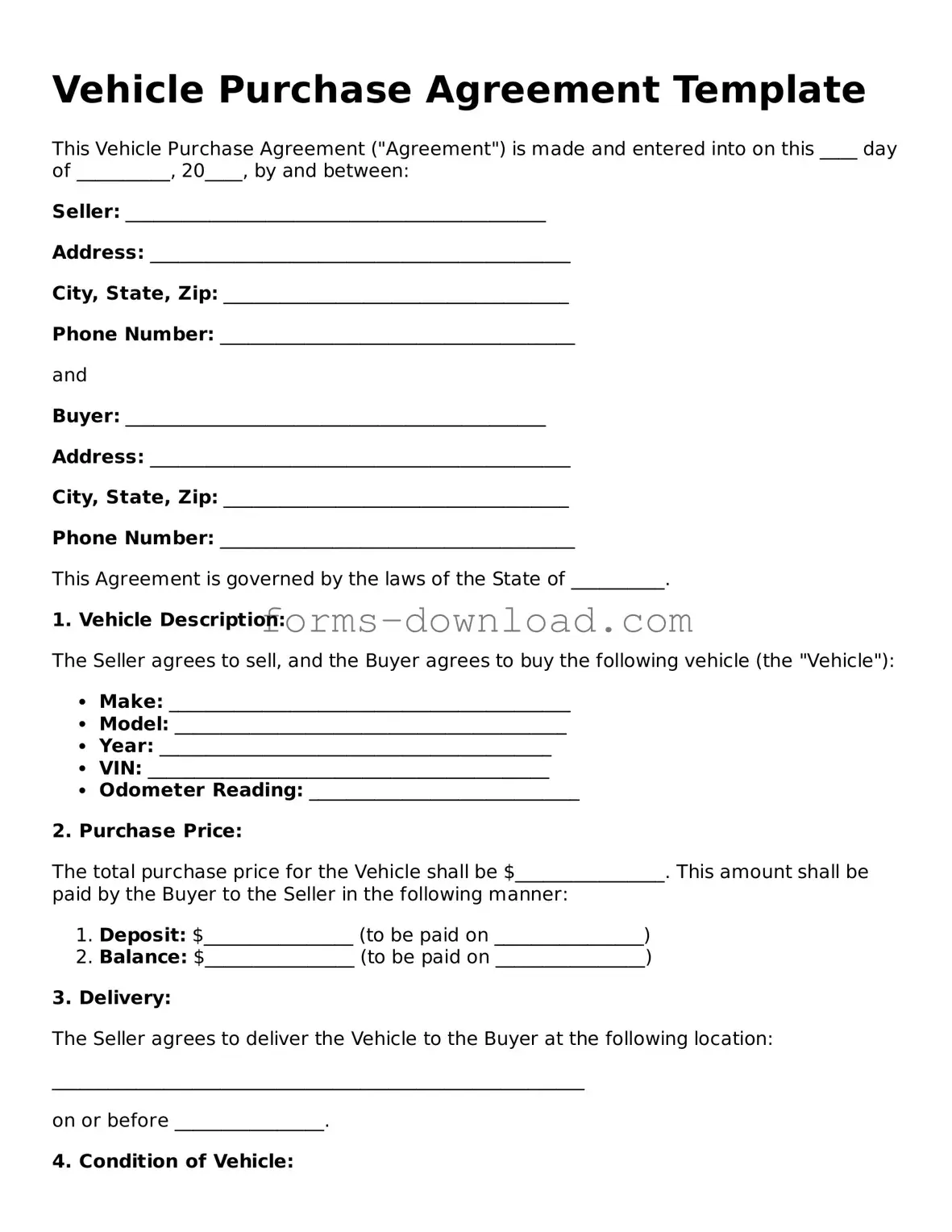 Fillable Vehicle Purchase Agreement Form