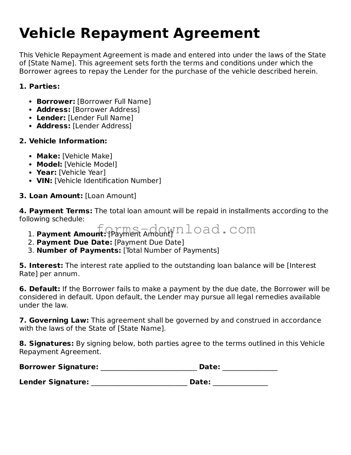 Fillable Vehicle Repayment Agreement Form