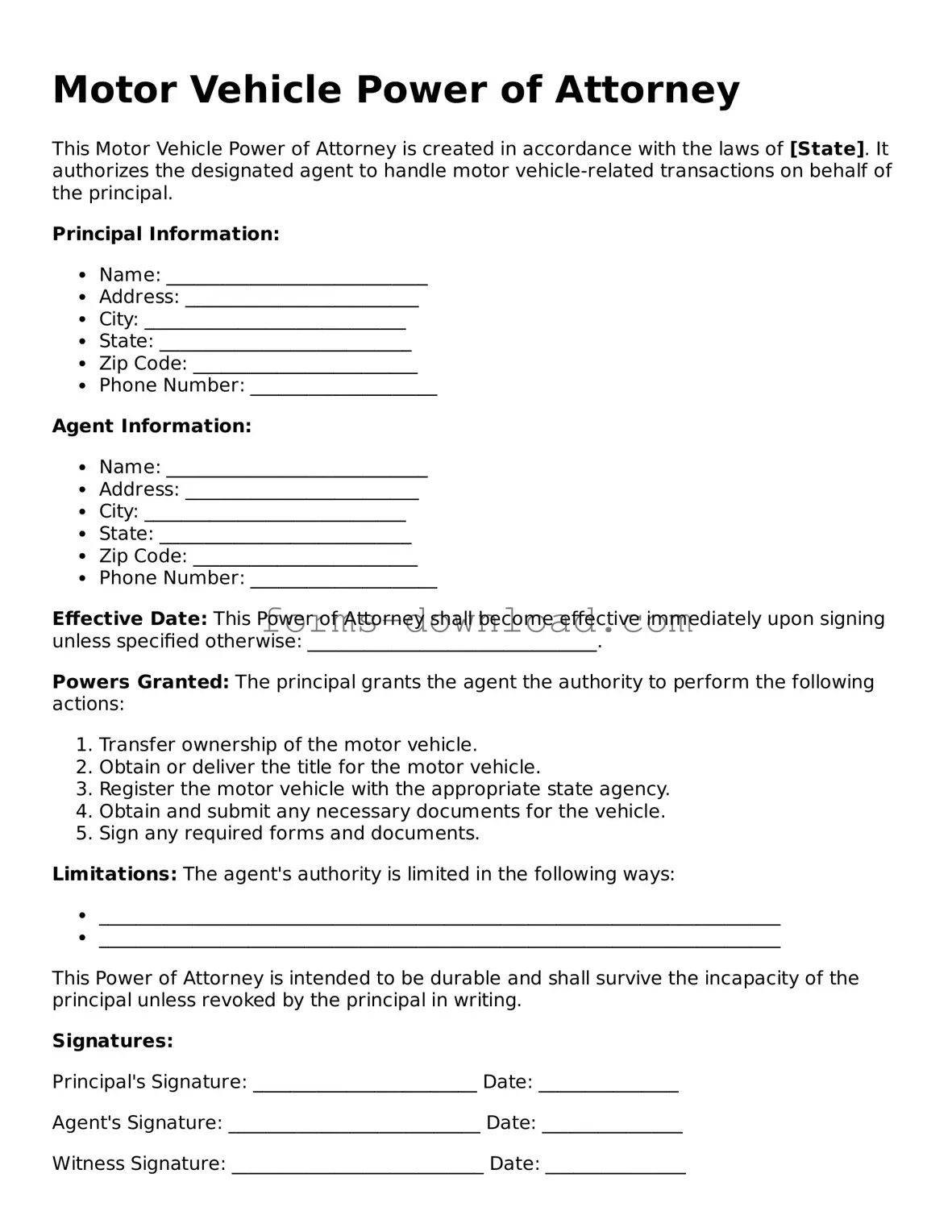 Fillable Motor Vehicle Power of Attorney Form