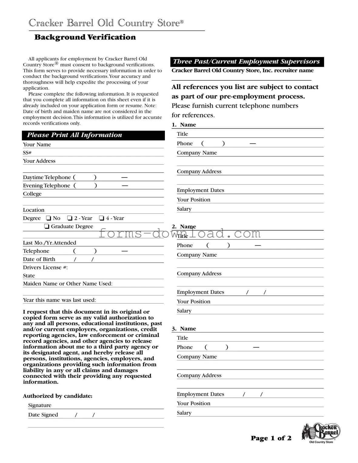 Blank Cracker Barrel Background Check Form