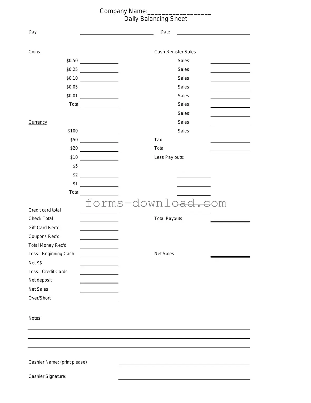 Blank Cash Drawer Count Sheet Form