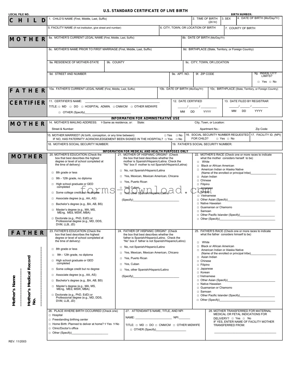 Blank CDC U.S. Standard Certificate of Live Birth Form