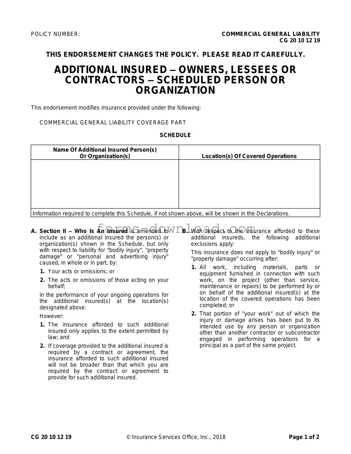 Blank Cg 20 10 07 04 Liability Endorsement Form