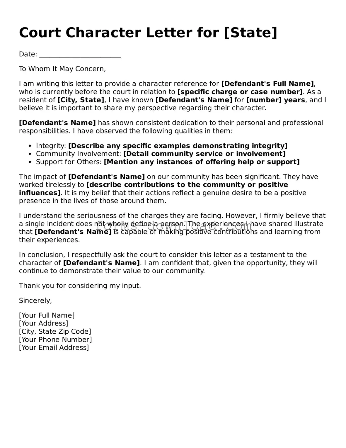 Fillable Character Letter for Court Form