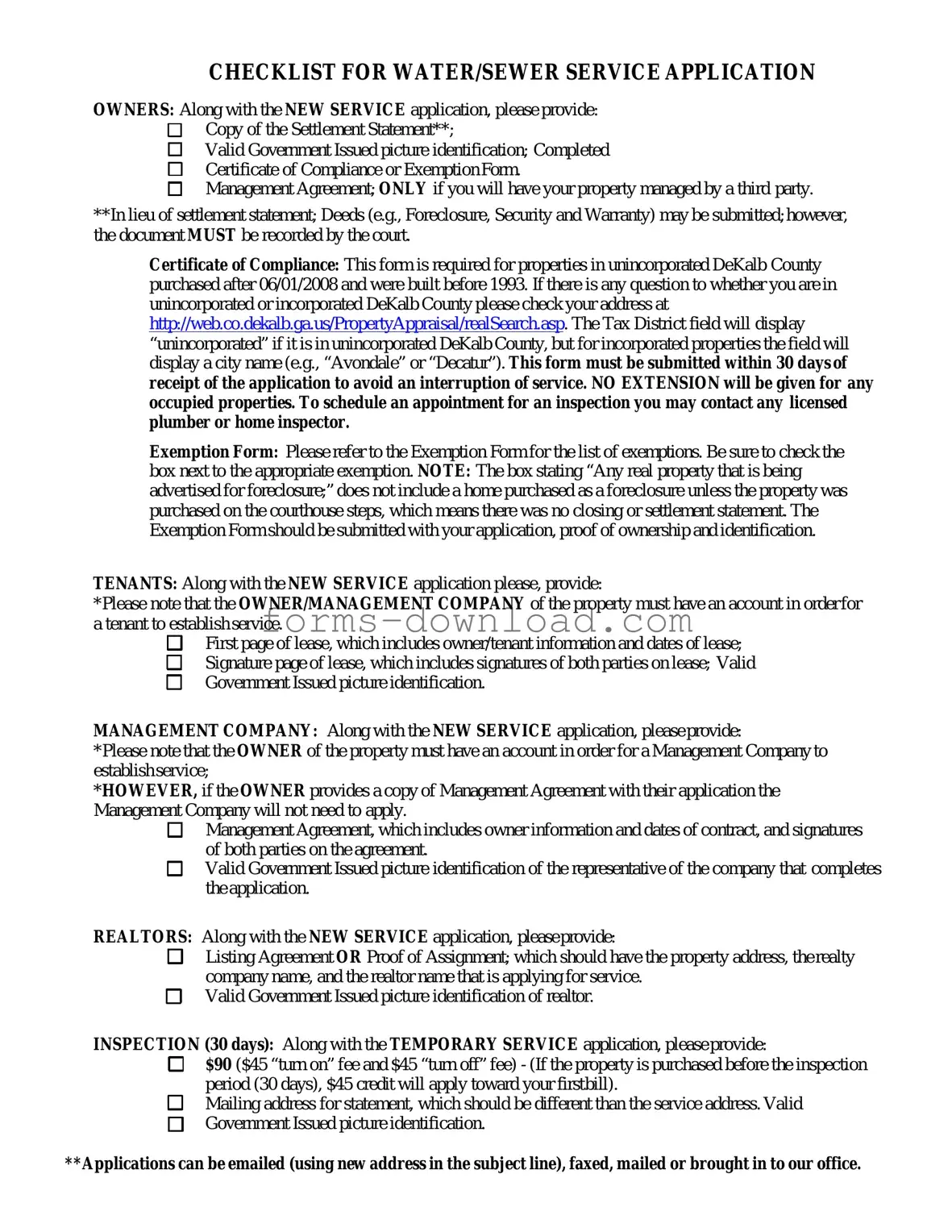 Blank Dekalb County Water Application Form