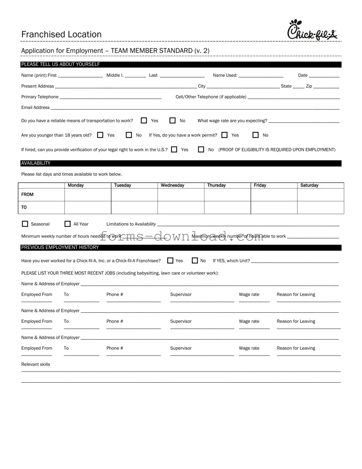 Blank Chick Fil A Job Application Form