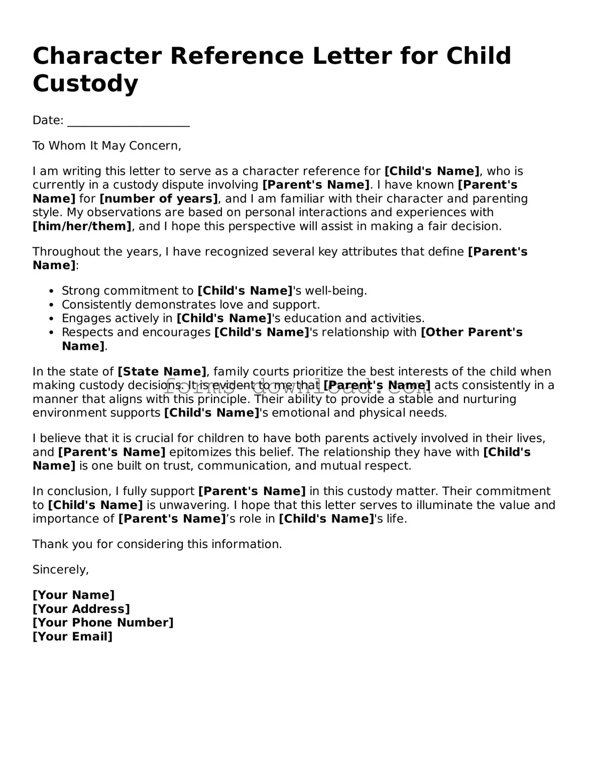 Fillable Character Reference Letter for Child Custody Form