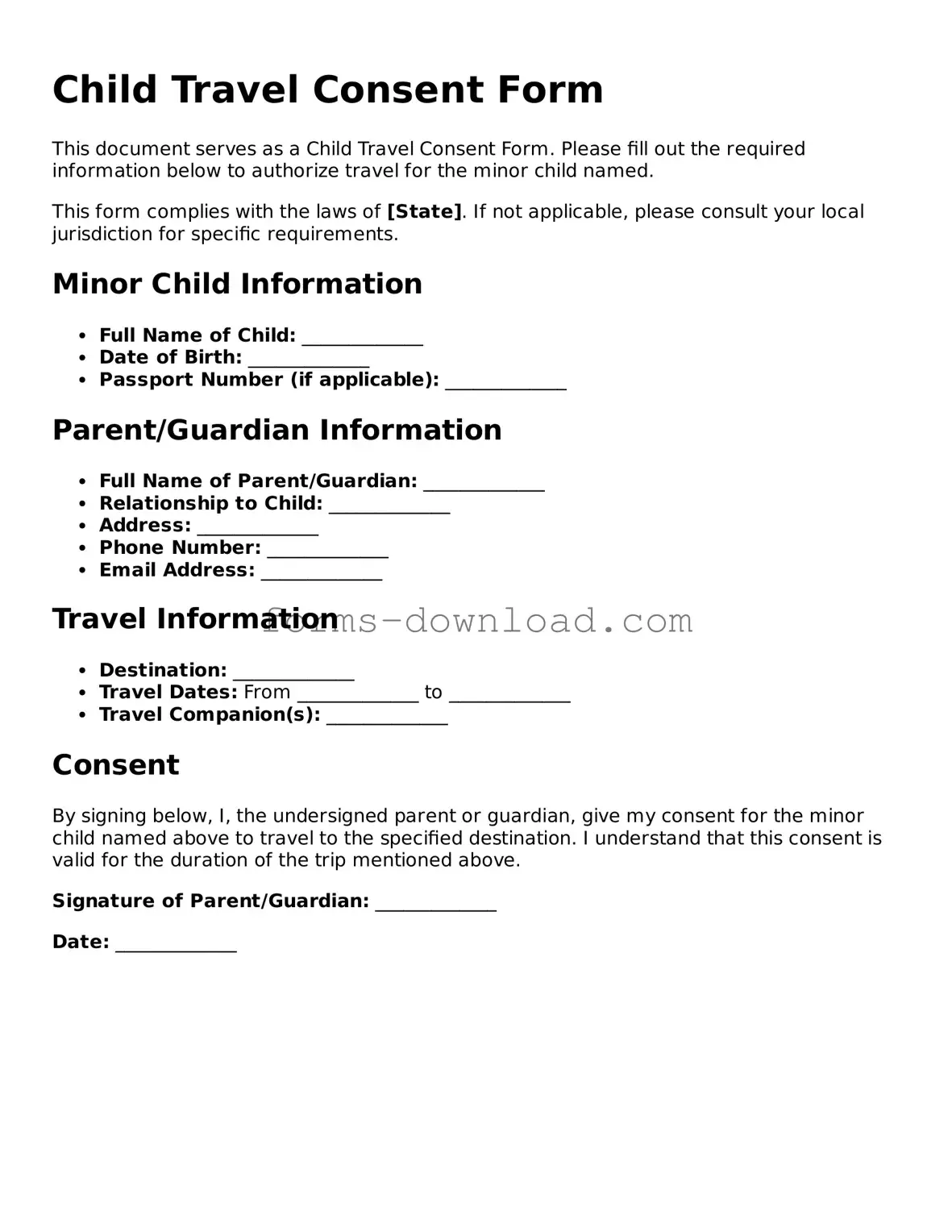 Fillable Child Travel Consent Form Form