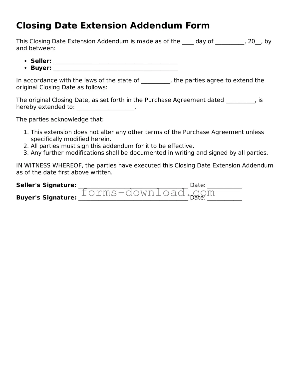 Fillable Closing Date Extension Addendum Form Form