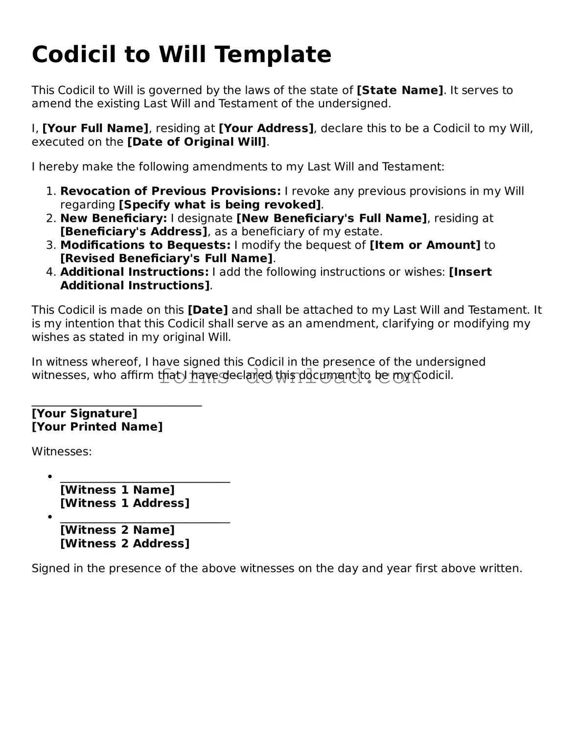 Fillable Codicil to Will Form