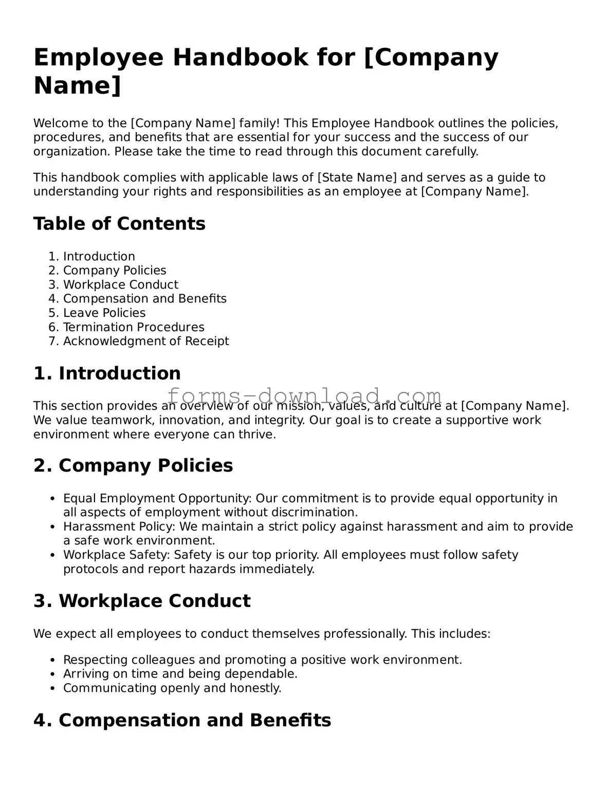 Fillable Employee Handbook Form